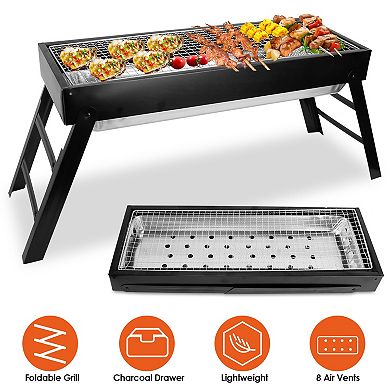 Foldable Stainless Steel Charcoal BBQ Grill, Portable Tabletop Grill for Camping & Outdoor Parties