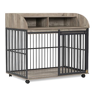 Whisen 44'' Heavy Duty Dog Kennel, Dog Crate Furniture with Lockable Wheels and Double Layer Storage