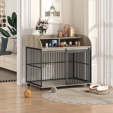 Whisen 44'' Heavy Duty Dog Kennel, Dog Crate Furniture with Lockable Wheels and Double Layer Storage