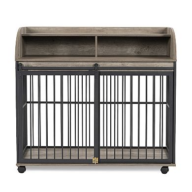 Whisen 44'' Heavy Duty Dog Kennel, Dog Crate Furniture with Lockable Wheels and Double Layer Storage