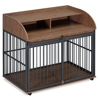 Whisen 44'' Heavy Duty Dog Kennel, Dog Crate Furniture with Lockable Wheels and Double Layer Storage