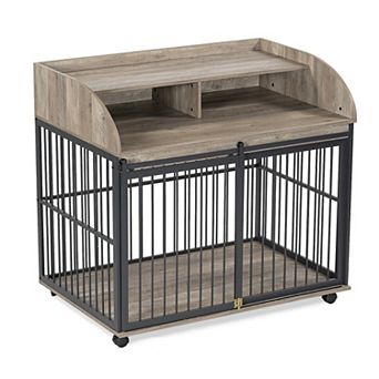 Whisen 44'' Heavy Duty Dog Kennel, Dog Crate Furniture with Lockable Wheels and Double Layer Storage