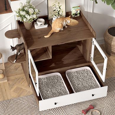 Whisen 43" Cat Litter Box Enclosure, Hidden Cat Litter Box Furniture with Drawer and Stairs
