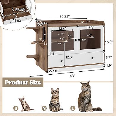 Whisen 43" Cat Litter Box Enclosure, Hidden Cat Litter Box Furniture with Drawer and Stairs