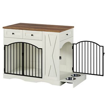 Whisen 43.3" Indoor Wooden Dog Kennel, Dog Crate Furniture with 3 Drawers and Removable Feeder