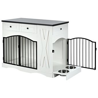 Whisen 43.3" Indoor Wooden Dog Kennel, Dog Crate Furniture with 3 Drawers and Removable Feeder