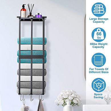 Wall-Mounted Towel Rack Organizer Shelf for Rolled Bath Towels and Hand Towels