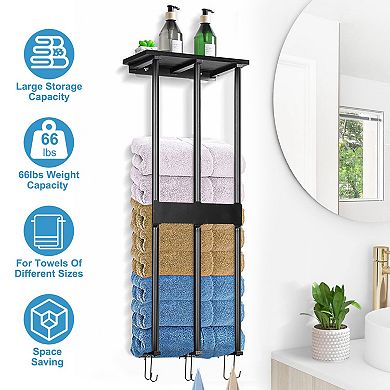 Wall-Mounted Towel Rack Organizer Shelf for Rolled Bath Towels and Hand Towels