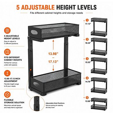 2Pcs Under Sink Organizer 2-Tier Pull-Out Cabinet Baskets with Adjustable Mesh Storage Shelves