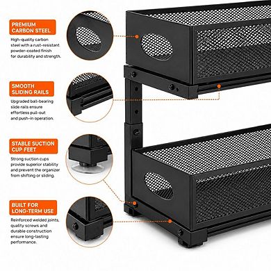 2Pcs Under Sink Organizer 2-Tier Pull-Out Cabinet Baskets with Adjustable Mesh Storage Shelves