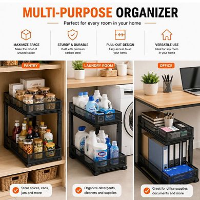 2Pcs Under Sink Organizer 2-Tier Pull-Out Cabinet Baskets with Adjustable Mesh Storage Shelves