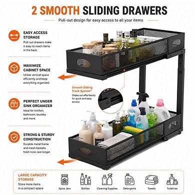 2Pcs Under Sink Organizer 2-Tier Pull-Out Cabinet Baskets with Adjustable Mesh Storage Shelves