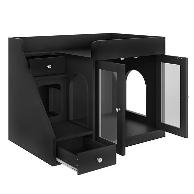 Whisen 32.6" Cat Litter Box Enclosure, Hidden Litter Box Furniture with Light and 2 Storage Drawers