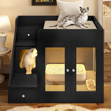 Whisen 32.6" Cat Litter Box Enclosure, Hidden Litter Box Furniture with Light and 2 Storage Drawers