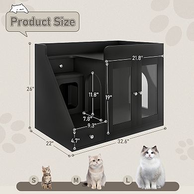 Whisen 32.6" Cat Litter Box Enclosure, Hidden Litter Box Furniture with Light and 2 Storage Drawers