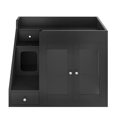 Whisen 32.6" Cat Litter Box Enclosure, Hidden Litter Box Furniture with Light and 2 Storage Drawers