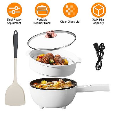 Electric Hot Pot Cooker with Non-Stick Frying Pan, Steamer & Dual Power Control
