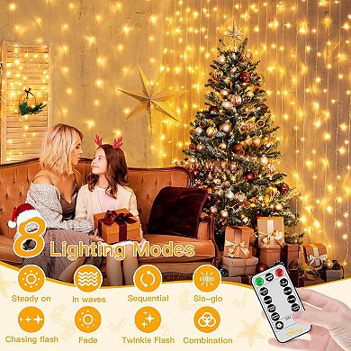 Ollny 200 LED 6.6ft*6.6ft Warm White Curtain Lights (Clear Cable, USB, 8 Modes, IP44 Waterproof)