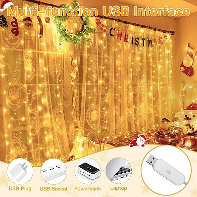 Ollny 200 LED 6.6ft*6.6ft Warm White Curtain Lights (Clear Cable, USB, 8 Modes, IP44 Waterproof)