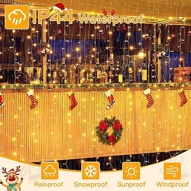 Ollny 200 LED 6.6ft*6.6ft Warm White Curtain Lights (Clear Cable, USB, 8 Modes, IP44 Waterproof)