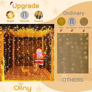 Ollny 200 LED 6.6ft*6.6ft Warm White Curtain Lights (Clear Cable, USB, 8 Modes, IP44 Waterproof)