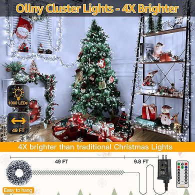 Ollny 1000 LED 49ft Cool White Christmas Cluster Lights
