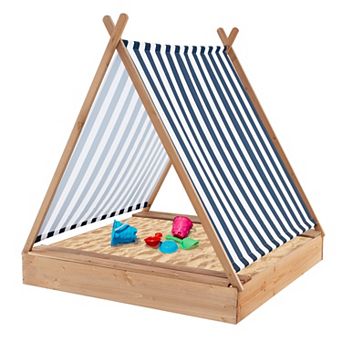 49 x 48 Inch Wooden Kids Sandbox with Cover and 2 Bench Seats