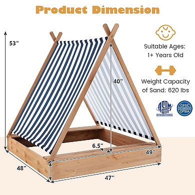 49 x 48 Inch Wooden Kids Sandbox with Cover and 2 Bench Seats