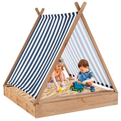 49 x 48 Inch Wooden Kids Sandbox with Cover and 2 Bench Seats