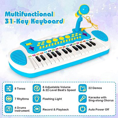 31-Key Kids Piano Keyboard Toy with Mic and Sounds for Ages 3+ - Blue