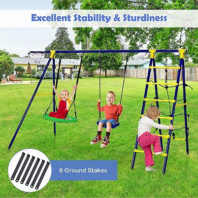 5 in 1 Outdoor Kids Swing Set with A Frame Structure and Ground Stakes