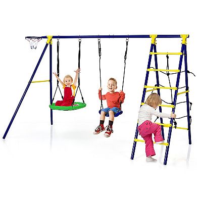 5 in 1 Outdoor Kids Swing Set with A Frame Structure and Ground Stakes