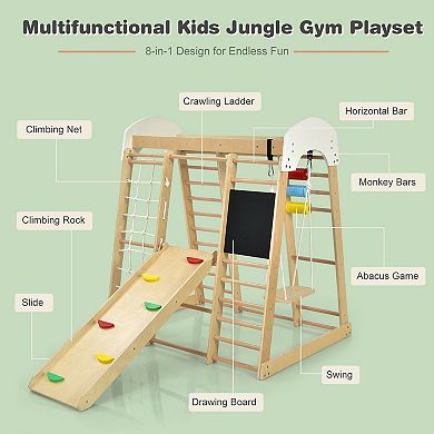 8-in-1 Wooden Climber Play Set with Slide and Swing for Kids