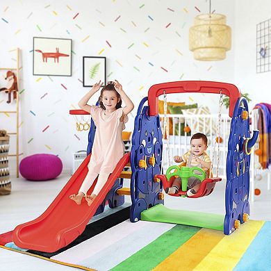 3 In 1 Toddler Slide And Swing Set With Basketball Hoop Freestanding Playset