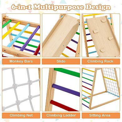 6-in-1 Wooden Indoor Playground with Slide, Climbing Ladder, Rock Wall, and Monkey Bars
