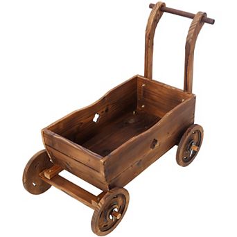 LOVMOR Wooden Wagon Planter Box 4 Wheels Handle Drain Hole Indoor Outdoor Brown