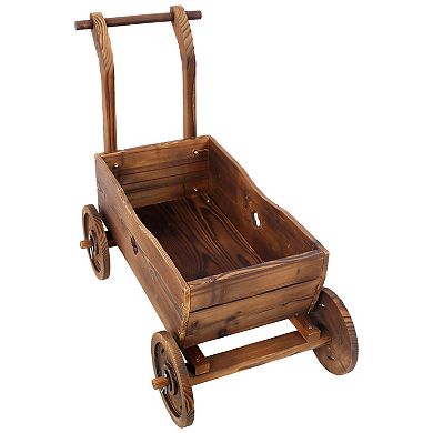LOVMOR Wooden Wagon Planter Box 4 Wheels Handle Drain Hole Indoor Outdoor Brown