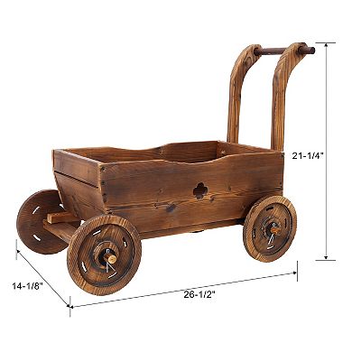 LOVMOR Wooden Wagon Planter Box 4 Wheels Handle Drain Hole Indoor Outdoor Brown