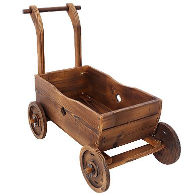 LOVMOR Wooden Wagon Planter Box 4 Wheels Handle Drain Hole Indoor Outdoor Brown