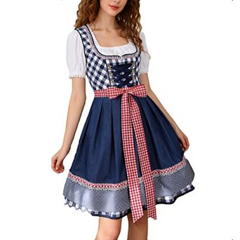 Women's 3 pc Oktoberfest Beer Set: Plaid Above-Knee Dress Denim Apron Puff Sleeve Crop Top