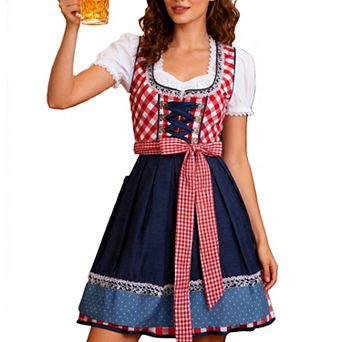 Women's 3 pc Oktoberfest Beer Set: Plaid Above-Knee Dress Denim Apron Puff Sleeve Crop Top