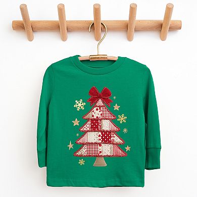 Christmas Tree Red Patchwork Print - Youth Long Sleeve Graphic T-Shirt
