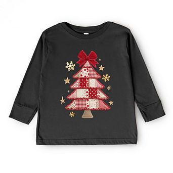 Christmas Tree Red Patchwork Print - Youth Long Sleeve Graphic T-Shirt