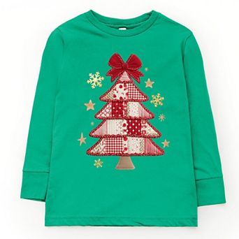 Christmas Tree Red Patchwork Print - Youth Long Sleeve Graphic T-Shirt