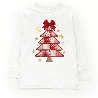 Christmas Tree Red Patchwork Print - Youth Long Sleeve Graphic T-Shirt