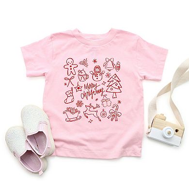 Merry Christmas Sketched Icons - Toddler Short Sleeve Graphic T-Shirt