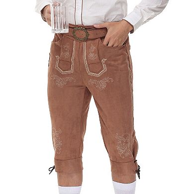 Men's Suede Leather Oktoberfest Bundhosen, 3/4 Length Bavarian Lederhosen with Adjustable Belts