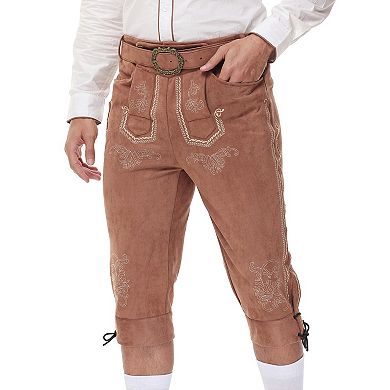 Men's Suede Leather Oktoberfest Bundhosen, 3/4 Length Bavarian Lederhosen with Adjustable Belts