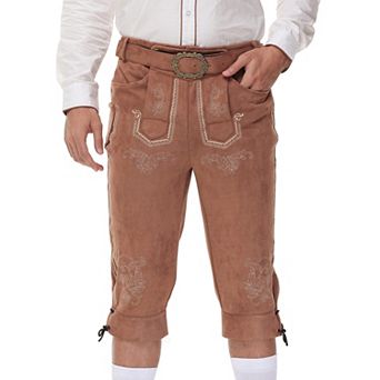 Men's Suede Leather Oktoberfest Bundhosen, 3/4 Length Bavarian Lederhosen with Adjustable Belts