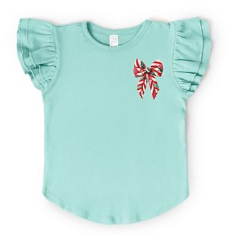 Christmas Bow Quilted Print - Flutter Sleeve Graphic T-Shirt